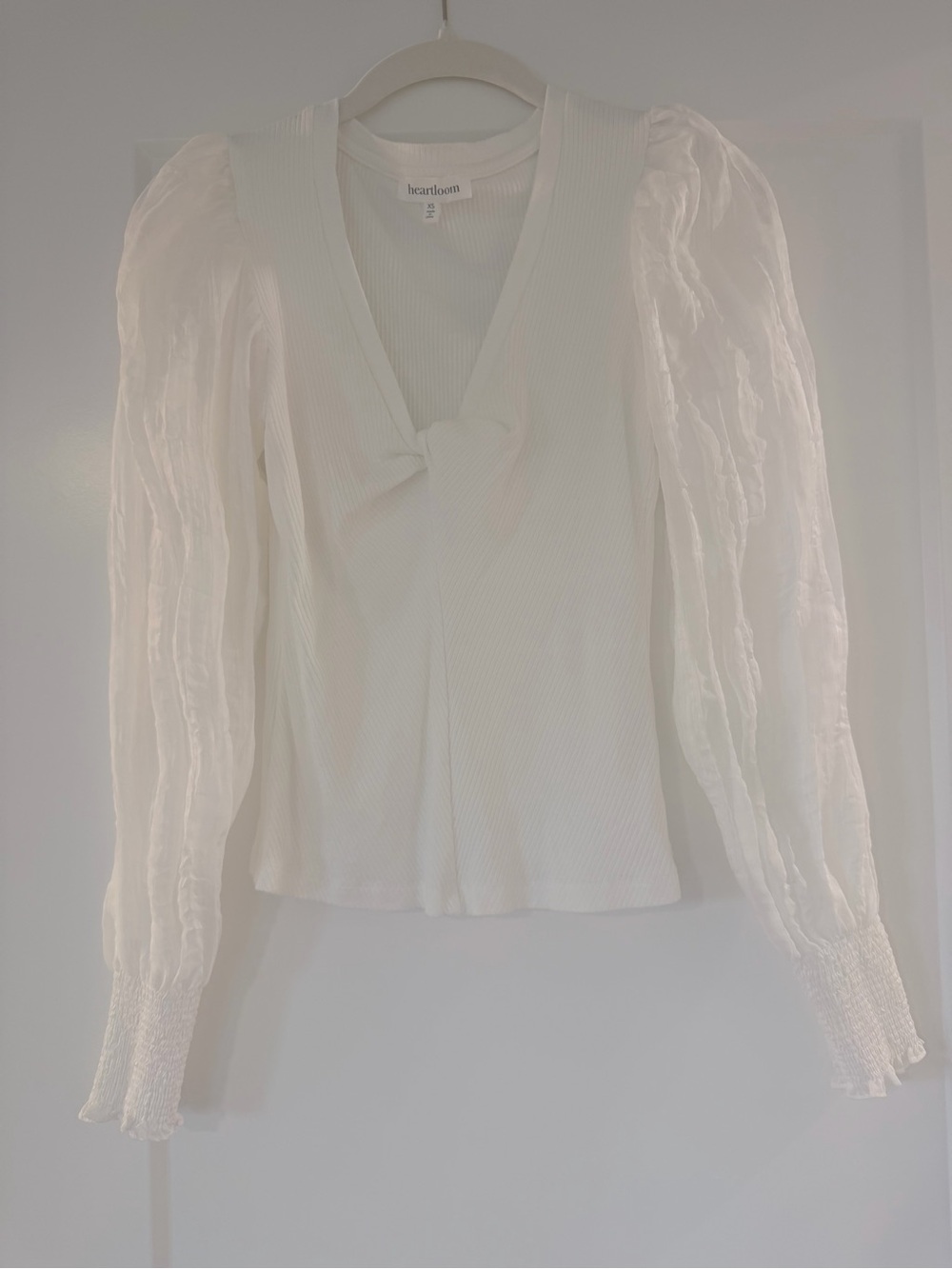 Heartloom White Ribbed V-Neck Top with Sheer Puff Sleeves